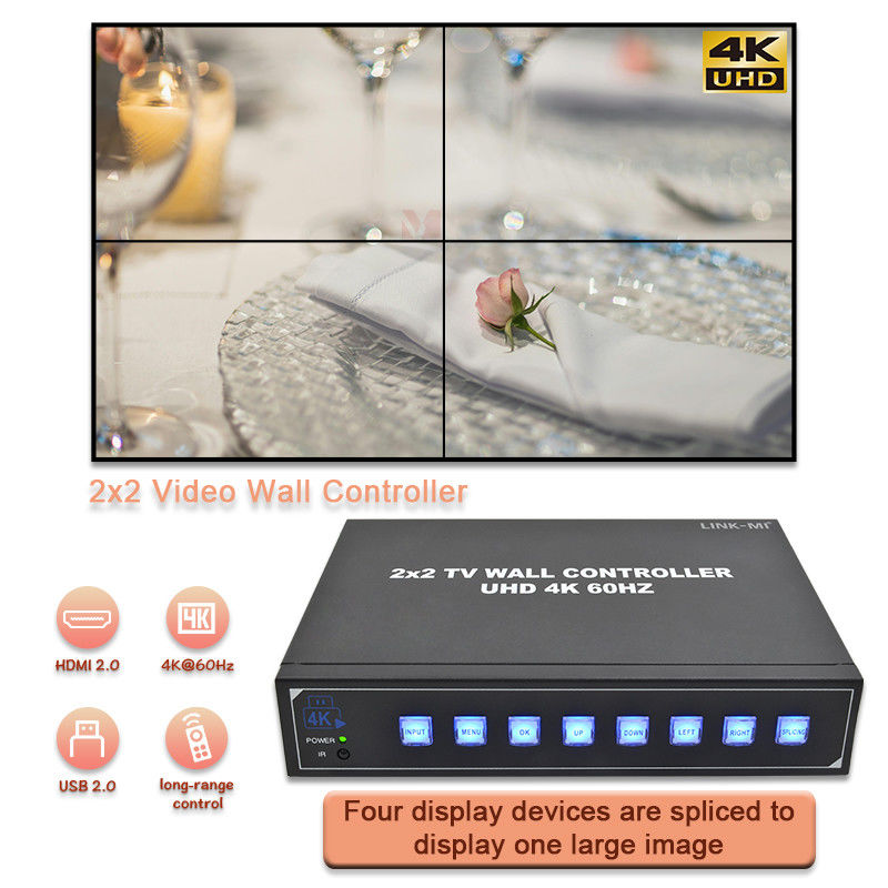 4K-HDMI-Videowandprozessor 2X2 unterstützt USB-Auto-Display für 4 UHD-Fernseher 4K 60Hz LED-Videowand